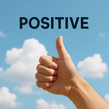 하늘을 배경으로 엄지를 치켜든 손과 'POSITIVE' 텍스트