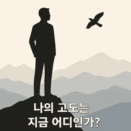루엣의 사람이 절벽 위에 서서 아래를 내려다보는 모습, 인생의 고도를 성찰하는 장면
