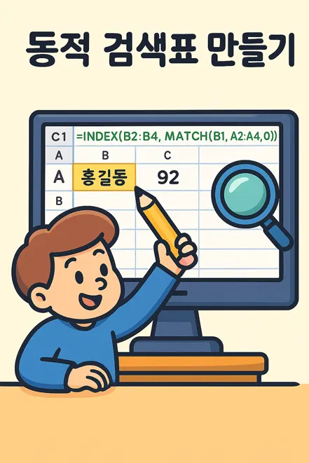 엑셀에서 MATCH와 INDEX 함수를 이용한 동적 검색표를 만드는 장면을 묘사한 삽화