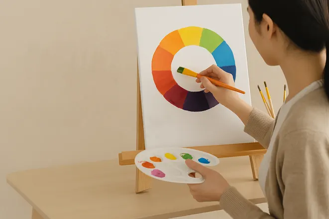 색상환을 그리고 있는 여성