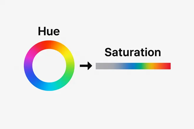 색상환(Hue)과 채도(Saturation)의 관계를 설명하는 컬러 다이어그램