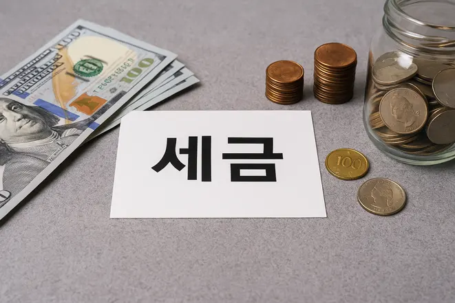세금이라는 글자가 적힌 카드 주변에 달러 지폐, 동전, 유리병이 놓인 이미지