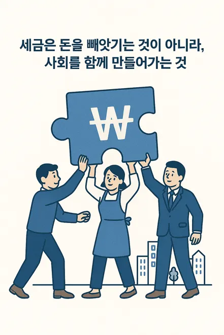 퍼즐 조각을 맞추며 사회를 함께 만드는 세 사람의 모습, 세금의 공동체적 의미를 표현한 일러스트