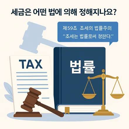 법률책, 세금문서, 저울, 판사봉 등을 통해 세금의 법적 근거를 상징적으로 표현한 일러스트