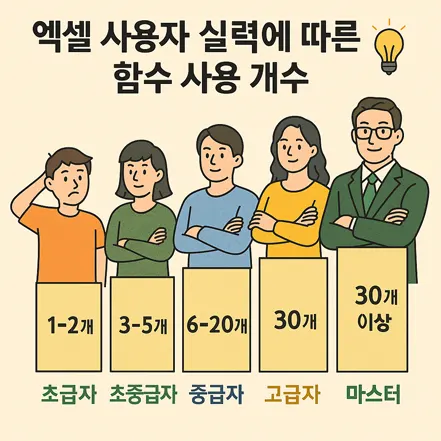 엑셀 사용자 실력에 따른 함수 사용 개수를 초급자부터 마스터까지 5단계로 구분한 인포그래픽 이미지