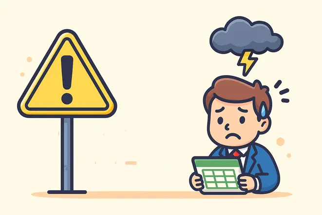 엑셀 표를 들고 걱정하는 남성과 경고 표지판, 번개 구름이 있는 귀여운 일러스트