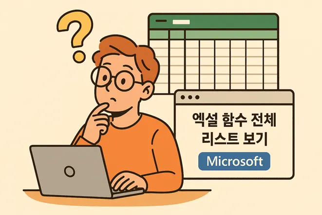 엑셀 함수 전체 리스트 보기를 검색하는 남성과 Excel 창, Microsoft 로고, 질문 기호가 포함된 일러스트 이미지