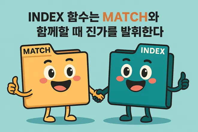 INDEX와 MATCH 함수 캐릭터가 손을 잡고 있는 귀여운 삽화