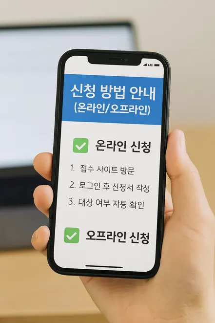 정부 긴급지원금 신청 방법을 안내하는 이미지 – 온라인, 모바일, 오프라인 신청 경로 설명
