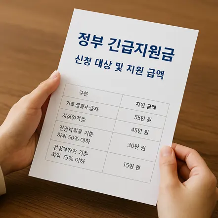 한 사람이 노트북 화면을 통해 정부지원금을 신청하는 모습을 클로즈업한 손 이미지