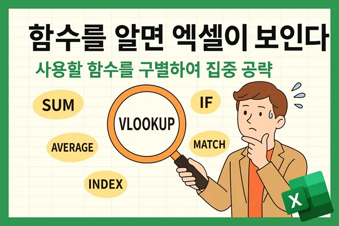 함수를 알면 엑셀이 보인다라는 문구와 함께, 엑셀 함수들을 관찰하는 캐릭터가 돋보기로 VLOOKUP을 강조하고 있는 일러스트 이미지