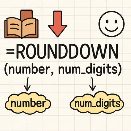 엑셀 ROUNDDOWN 함수의 구조를 설명하는 일러스트 – number와 num_digits 인수를 강조