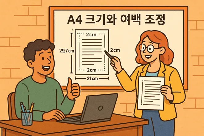 A4 크기와 여백 조정을 설명하는 동료들의 사무실 장면