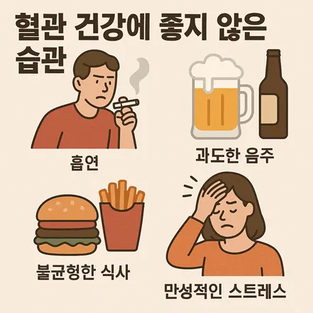 혈관 건강에 좋지 않은 습관 - 흡연, 과도한 음주, 불균형한 식사, 만성적인 스트레스