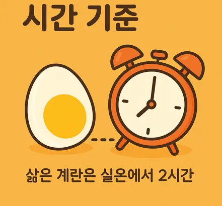 삶은 계란 섭취 시간 기준을 안내하는 재미있는 분위기의 일러스트