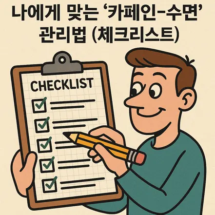 체크리스트를 들고 체크 표시를 하는 남자 캐릭터, '카페인-수면 관리법 체크리스트'라는 문구가 있는 만화 스타일 일러스트