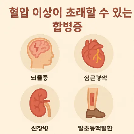 뇌졸중, 심근경색, 신장병, 말초동맥질환 등 혈압 이상으로 발생할 수 있는 합병증을 나타낸 인포그래픽