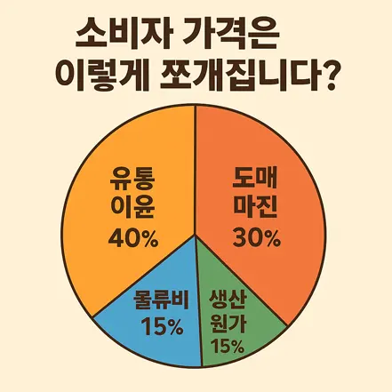소비자 가격 구성을 나타내는 원형 차트 인포그래픽, 유통 이윤, 도매 마진, 물류비, 생산 원가 비율 표시