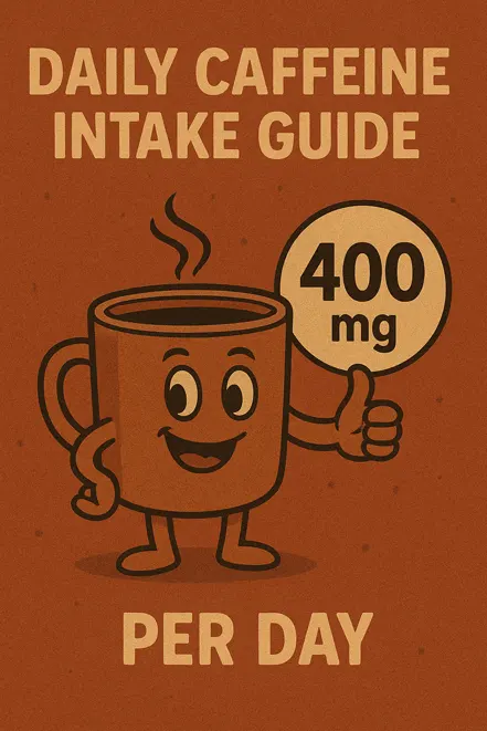 커피잔 캐릭터가 엄지손가락을 치켜들며 하루 카페인 권장량 400mg 표시가 있는 만화 스타일 일러스트
