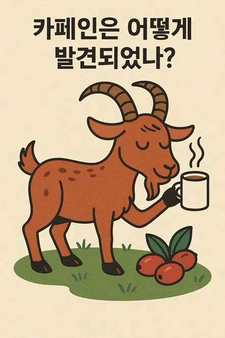 염소가 커피 열매 옆에서 커피를 마시는 장면을 묘사한 만화 스타일 일러스트, '카페인은 어떻게 발견되었나?'라는 문구 포함
