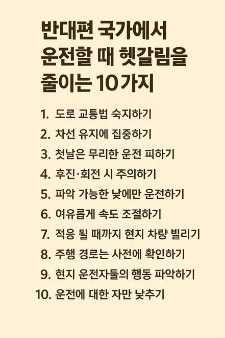 반대편 국가에서 운전할 때 헷갈림을 줄이는 10가지 팁이 적힌 안내 이미지