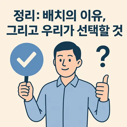 정리: 배치의 이유, 그리고 우리가 선택할 것이라는 제목과 함께 체크마크 팻말을 든 남성이 엄지손가락을 들어 올린 일러스트