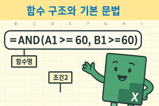 함수 구조와 기본 문법 – =AND(A1>=60, B1>=60) 공식 설명