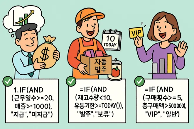 엑셀 AND 함수 실무 예제 3가지 – 인센티브 지급, 자동 발주, VIP 등급 조건