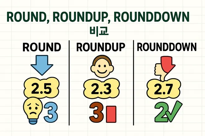 ROUND, ROUNDUP, ROUNDDOWN 함수의 차이를 설명하는 만화 스타일의 비교 일러스트