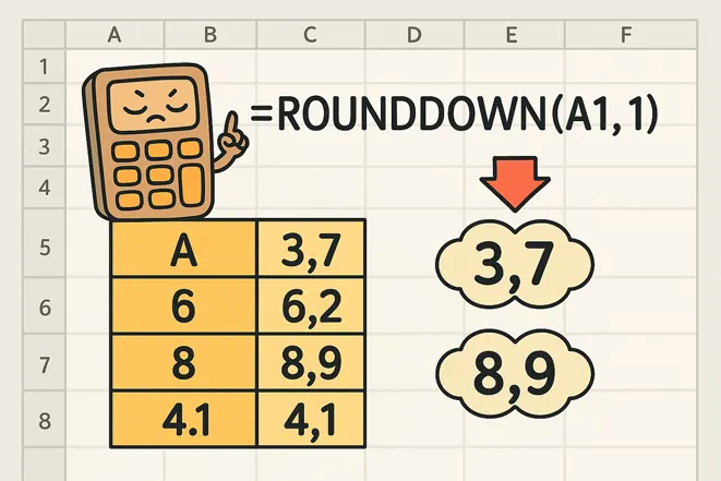 엑셀 ROUNDDOWN 함수 예제를 보여주는 표와 설명이 포함된 디지털 일러스트