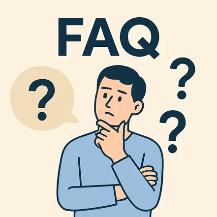 FAQ 텍스트와 함께 생각하는 표정의 남성과 물음표 아이콘이 배치된 일러스트