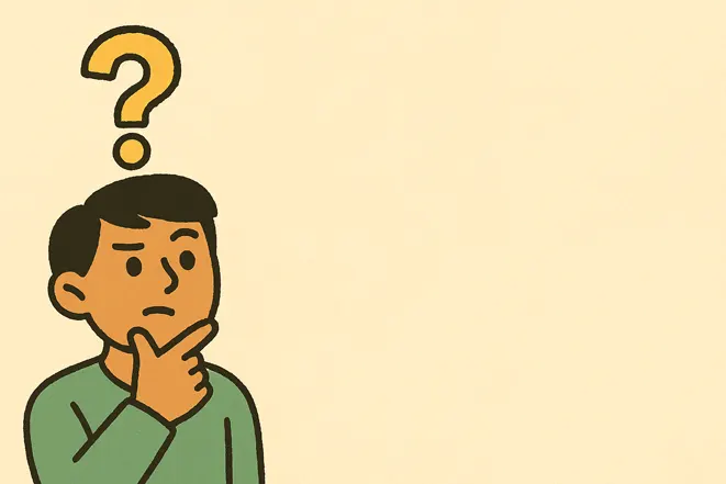 머리 위에 물음표가 떠 있는 남자가 턱을 괴고 생각하는 만화 스타일 일러스트