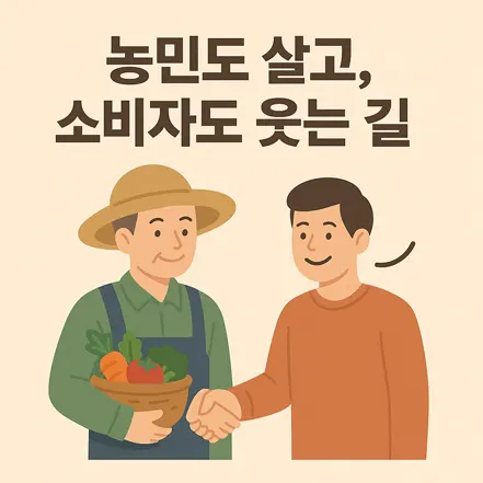 농민과 소비자가 서로 웃으며 악수하는 모습의 일러스트