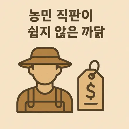농민과 가격 태그 아이콘으로 직판이 어려운 이유를 표현한 일러스트 이미지