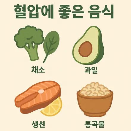 채소, 과일, 생선, 통곡물 등 혈압에 좋은 음식을 나타낸 인포그래픽"