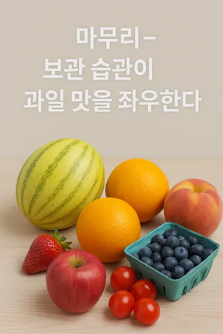 다양한 신선한 과일과 ‘마무리 – 보관 습관이 과일 맛을 좌우한다’ 문구가 있는 이미지