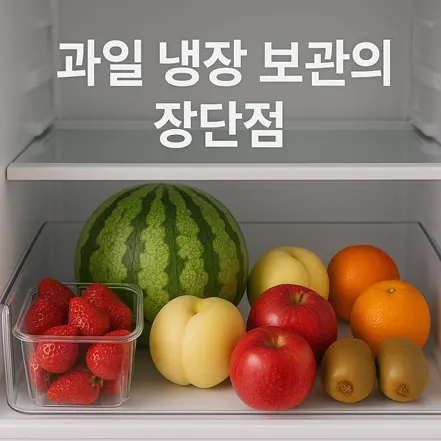 냉장고 속 과일 칸에 다양한 과일과 ‘과일 냉장 보관의 장단점’ 문구가 있는 이미지