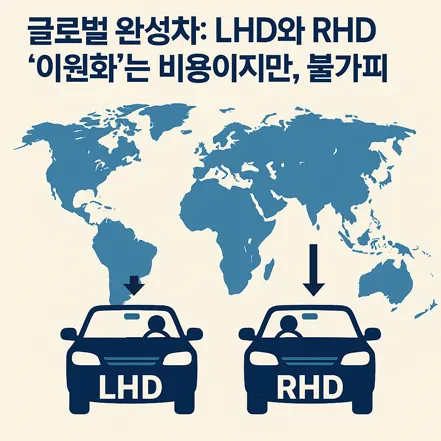 세계 지도와 함께 LHD와 RHD 차량 이원화를 보여주는 인포그래픽