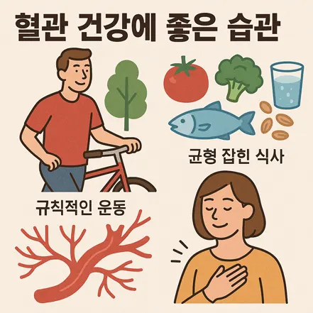 혈관 건강에 좋은 습관 - 규칙적인 운동, 균형 잡힌 식사, 스트레스 관리