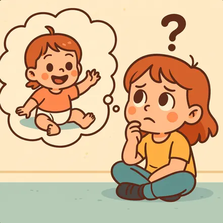 기억을 떠올리려는 아이와 아기 시절의 모습이 생각 풍선에 나타난 삽화