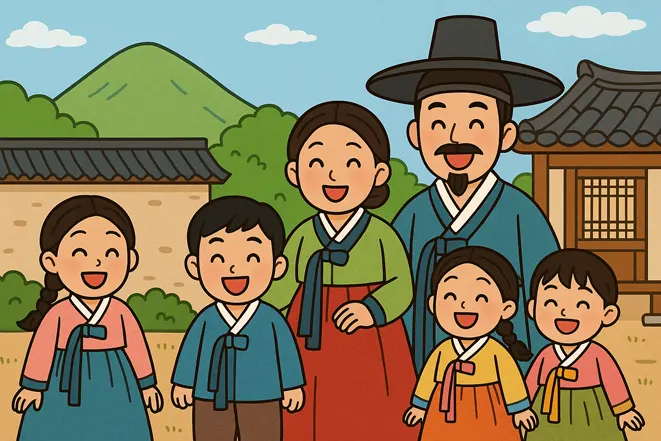 조선시대 전통 한복을 입은 대가족이 한옥 앞에서 웃고 있는 모습