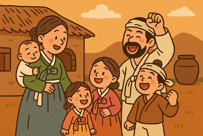 조선시대 전통 복장을 입은 다자녀 농가 가족의 즐거운 모습