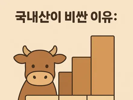 국내산 고기가 비싼 이유를 나타내는 소 그림과 막대 그래프 일러스트