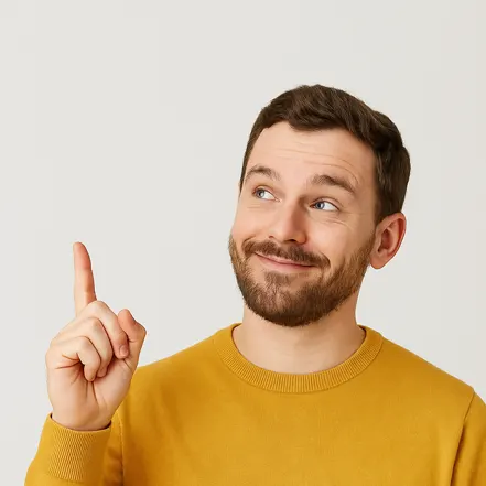 제 생각과 추가 의견이라는 문구 아래에서 손가락으로 가리키며 제안하는 표정을 짓는 남성 제목: 제 생각과 추가 의견