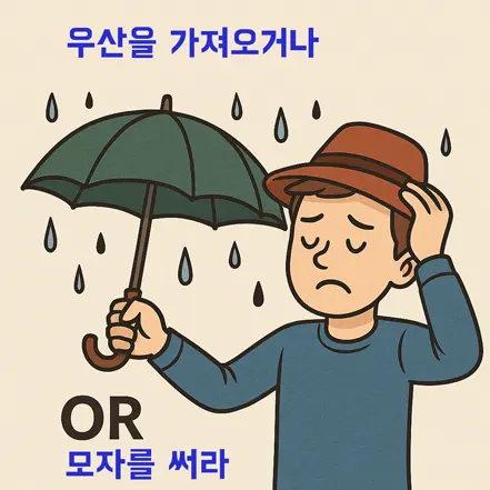 우산 또는 모자 중 하나만 써도 되는 OR 조건 예시