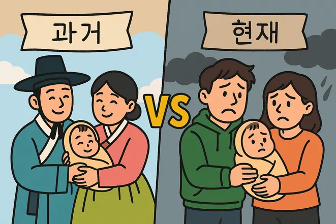 과거와 현재 부모의 출산 태도를 비교한 일러스트