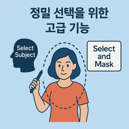 포토샵 정밀 선택을 위한 고급 기능을 표현한 만화 스타일 이미지
