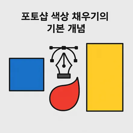 포토샵 색상 채우기의 기본 개념 – 파란 사각형, 빨간 물방울 모양, 노란 직사각형, 펜툴 아이콘