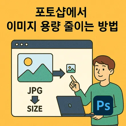 포토샵에서 이미지 용량 줄이는 방법을 설명하는 일러스트, 노트북을 든 남성과 축소 아이콘