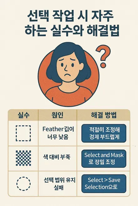 포토샵 선택 작업 시 실수와 해결법을 설명하는 인포그래픽 일러스트